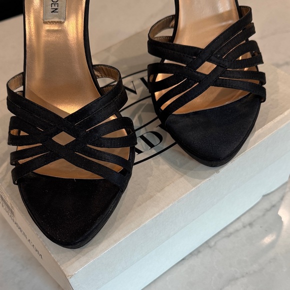 Steve Madden Black Satin Strappy Heels - Picture 2 of 6